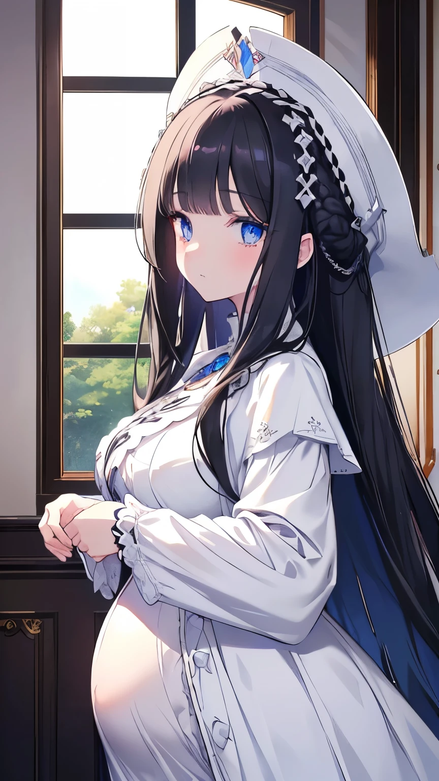 best quality, extremely detailed, anime style girl, long hair down to the waist, straight hair, ((dark black hair with bluish)),crown braid,beautiful detailed eyes, pinched eyes, dark blue eyes, gradation eyes,huge breasts,((((white English noblewoman's clothes)))),Luxury English hats,((Inside the carriage)),from side,(pregnant), Pregnancy dress