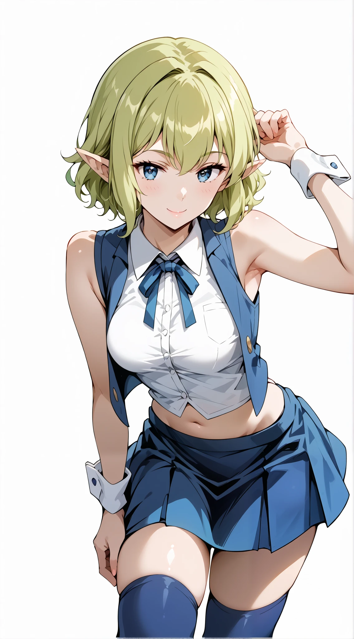 score_9, score_8_up, score_7_up, source_anime, 4K,perfect fingers,(perfect hands, perfect anatomy),prefect lighting, very aesthetic, intricate details,highly detailed background, masterpiece, high quality, best quality, 
1girl, ryuu, green hair, Medium Breast,
wearing ((white shirt,blue vest,sleeveless,blue thighhighs,blue skirt,wrist cuffs,neck ribbon,midriff)),,
looking at the spectator, filed, high thigh individual , (large breasts:0.9),Stand up,fullbody,((White plain background:1.5)) ,((seductive smile)),leaning forward:1.3,armpit,arsm up,