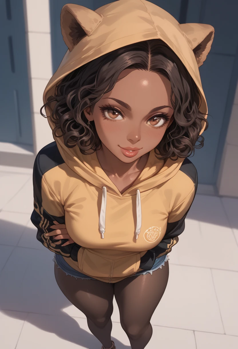 a single person in this image..Almond-eyed Dark Mocha-skin tonned African-American woman with Short dark curly hair, juicy lips, a large chest, thick thighs, Perfect hands, . She is standing Alone with her arms open prepared for a  hug. She is wearing a hoodie with black tights. She has a seductive grin while looking up at viewer.  Her face is in the foreground.Above view