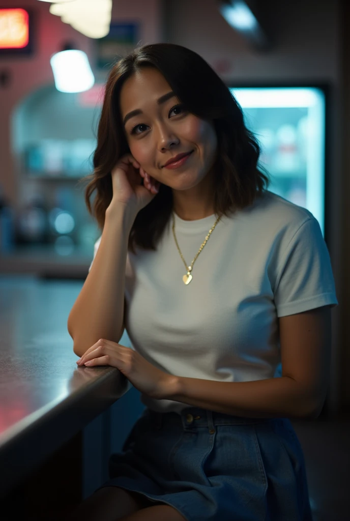 karfuku, siting at the stool of a cold dimly lit bar.  She has a , inviting smile, revealing her straight, white teeth with mid, wavy, dark brown hair cascading over her shoulders. She is dressed in a white, tight, sports top, and denim Mid Rise Pleated Skirt. She accessorizes with a gold necklace with a heart pendant. full body, cowboy shot on a Sony Alpha 1 dslr 8k camera. there is a slight bokeh effect and film grain. she is looking at the viewer. Breasts. Pale skin, fat