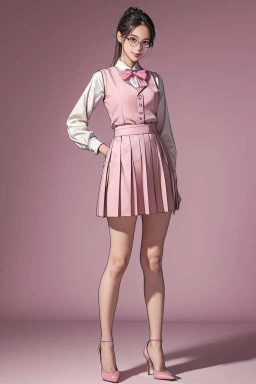 (( top quality )), ((傑 top quality 、masterpiece、High sensitivity、 high res、 detailed depiction 、 delicate face depiction )),Slender woman、Glasses、、ribbon、 pleated skirt、 standing pose、Right hand on waist、The left hand looks 、pink vest 、 high heels by Miguel、 with a smile、