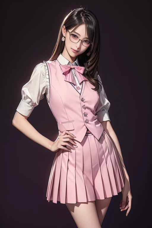 (( top quality )), ((傑 top quality 、masterpiece、High sensitivity、 high res、 detailed depiction 、 delicate face depiction )),Slender woman、Glasses、、ribbon、 pleated skirt、 standing pose、Right hand on waist、The left hand looks 、pink vest 、 high heels by Miguel、 with a smile、