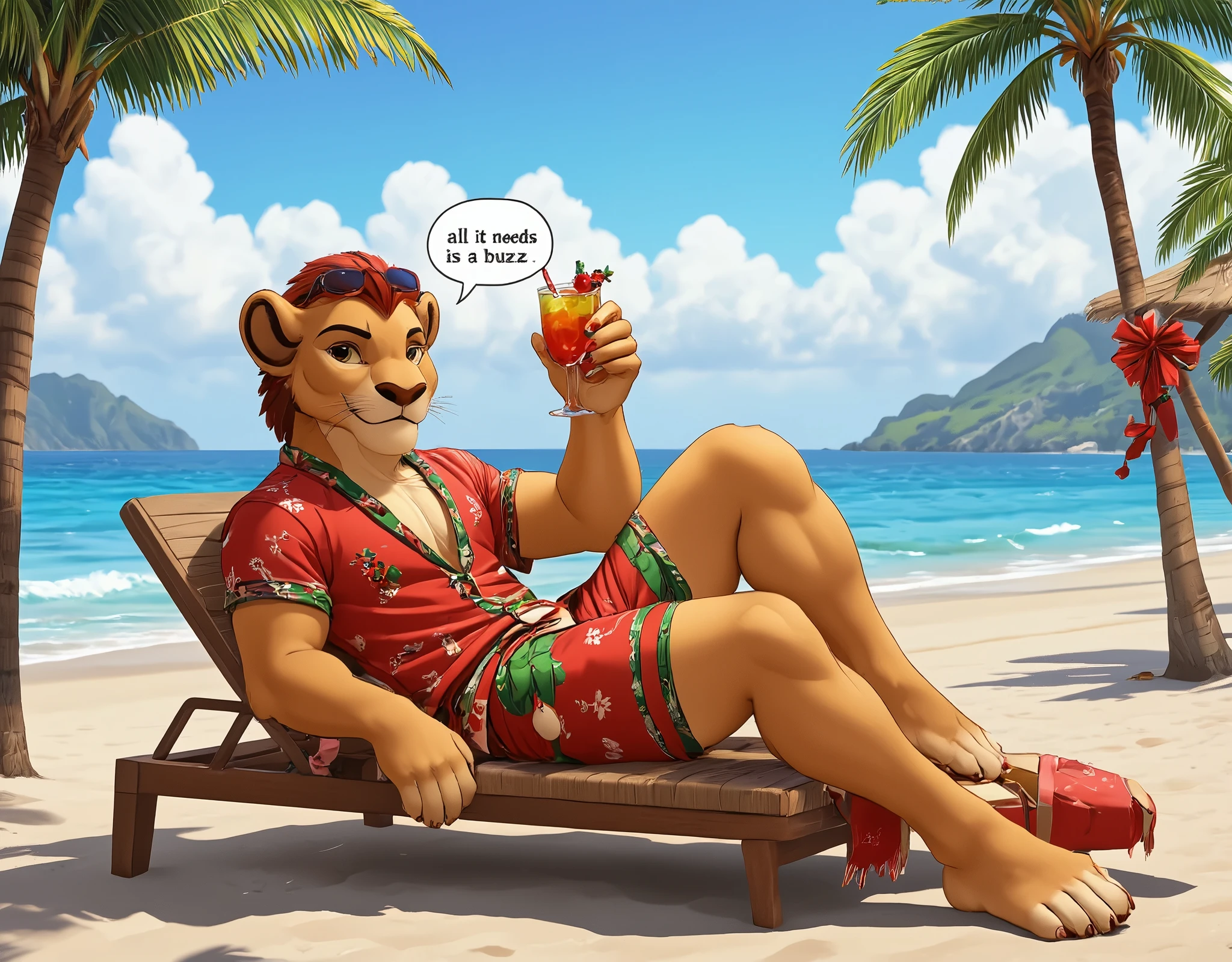 Digital art picture of handsome barefoot antropomorphic lion boy Kion dressed in a Christmas-decorated Hawaiian shirt and shorts, with sunglasses on his head. Kion is lying on a sun lounger on a sunny beach, sunbathing, and holding a Christmas cocktail in one hand. A text bubble that reads "All it needs is a buzz." There are palm trees nearby, decorated for Christmas.
aidmatextimprover