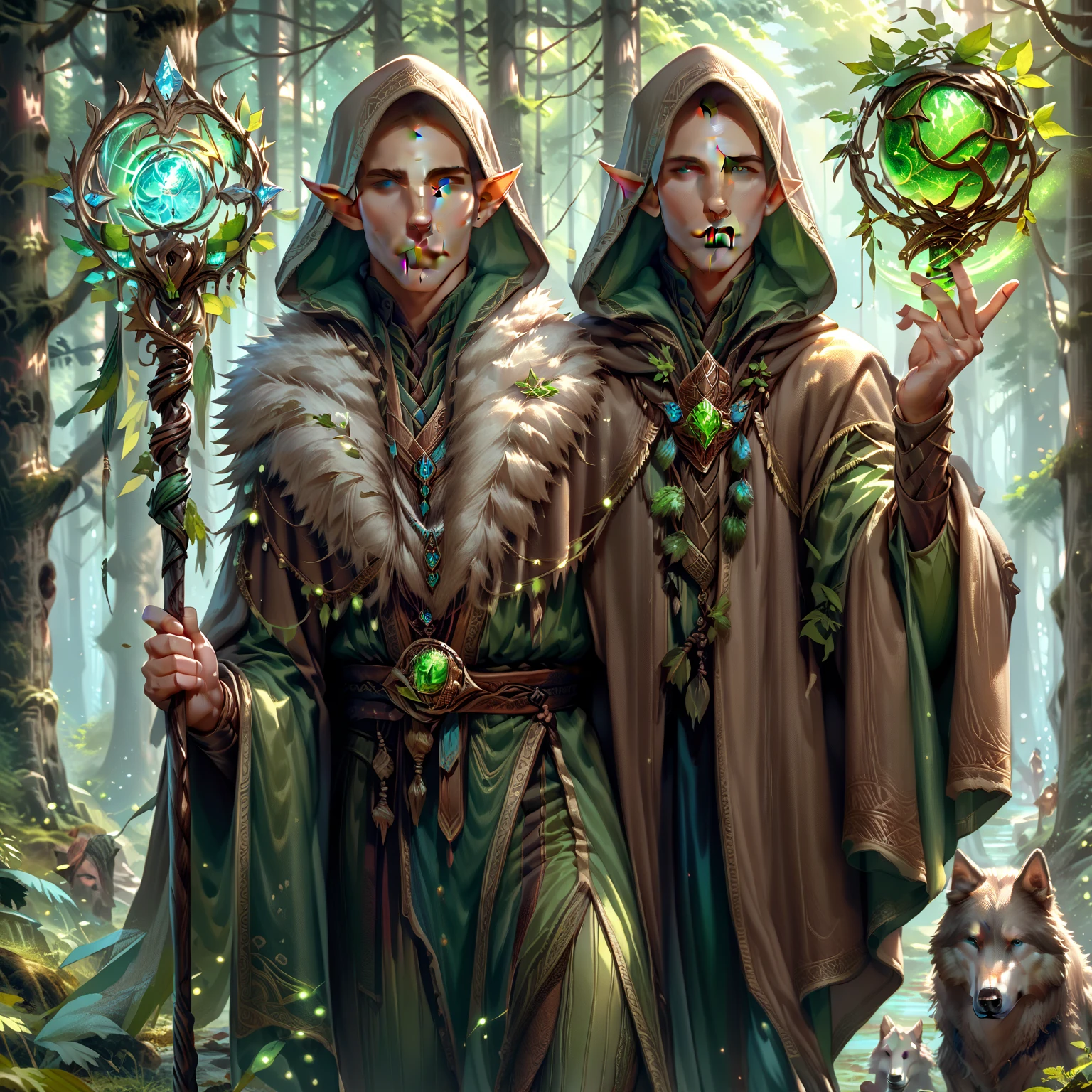 DAISolas, 1boy, bald, blue eyes, pointy ears, looking at viewer, , wearing a fur trimmed brown cloak , green leggings, barefoot, holding a golden orbstaff, next to a wolf, forest background 