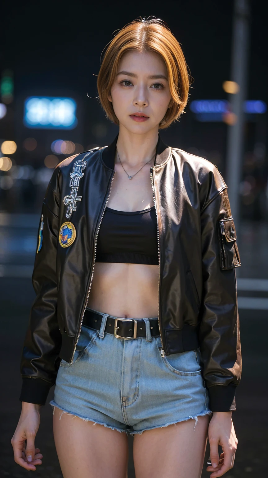 solo,  high res, accurate, masterpiece,  anatomically correct ,  top quality ,  Ultra Fine,  textured skin, woman、4K、 big breasts、 perfect style、(( cyberpunk)),  slender body at the excited beach、((I'm wearing a flight jacket with lots of patches on my upper body and leather hotpants on my lower body)), ((( The background is a glittering neon city with rain at night))),  looking at me 、クールなwoman、(( golden belly short hair split in the center )),