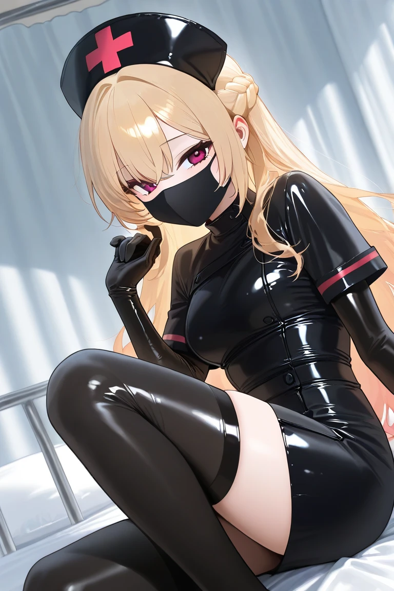 tight miniskirt nurse clothes　　 black mask 　 black stockings 　 Black Gloves 　　latex　 sit cross-legged 　 pink inner color blonde