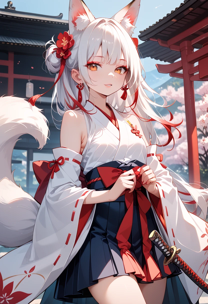 ((masterpiece, best quality, ultra detailed, high resolution, detailed facial description)), (solo, 1 noble woman:1.3), (miko, hakama skirt, detached sleeves), (fox ears, fox, tail), (long white hair, red gradation color hair:1.3), (tsurime:1.3, fox eyes), (red eyeliner), (katana unsheathing:1.3, slashing:1.3, unleash a slash), looking at viewer, (Japanese traditional shrine)