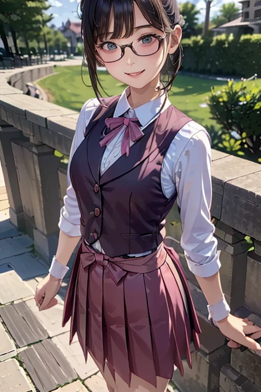 (( top quality )), ((傑 top quality 、masterpiece、High sensitivity、 high res、 detailed depiction 、 delicate face depiction )),Slender woman、Glasses、、ribbon、 pleated skirt、 standing pose、Right hand on waist、The left hand looks 、pink vest 、 high heels by Miguel、 with a smile、