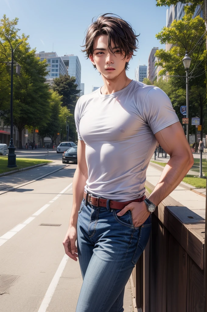 1boy, [Detailed background (Japan alley, tokyo prefecture, tokio city)], Indigo blue hair, dark indigo hair, short blue hair, comma hair, Lean, muscular men, ((Man is wearing a black t-shirt, black trousers)), Correct limbs, Correct anatomy, Handsome, Eye details, Beautiful eyes, Delicate eyes, Indigo blue eyes, wide breasts, tiny waist