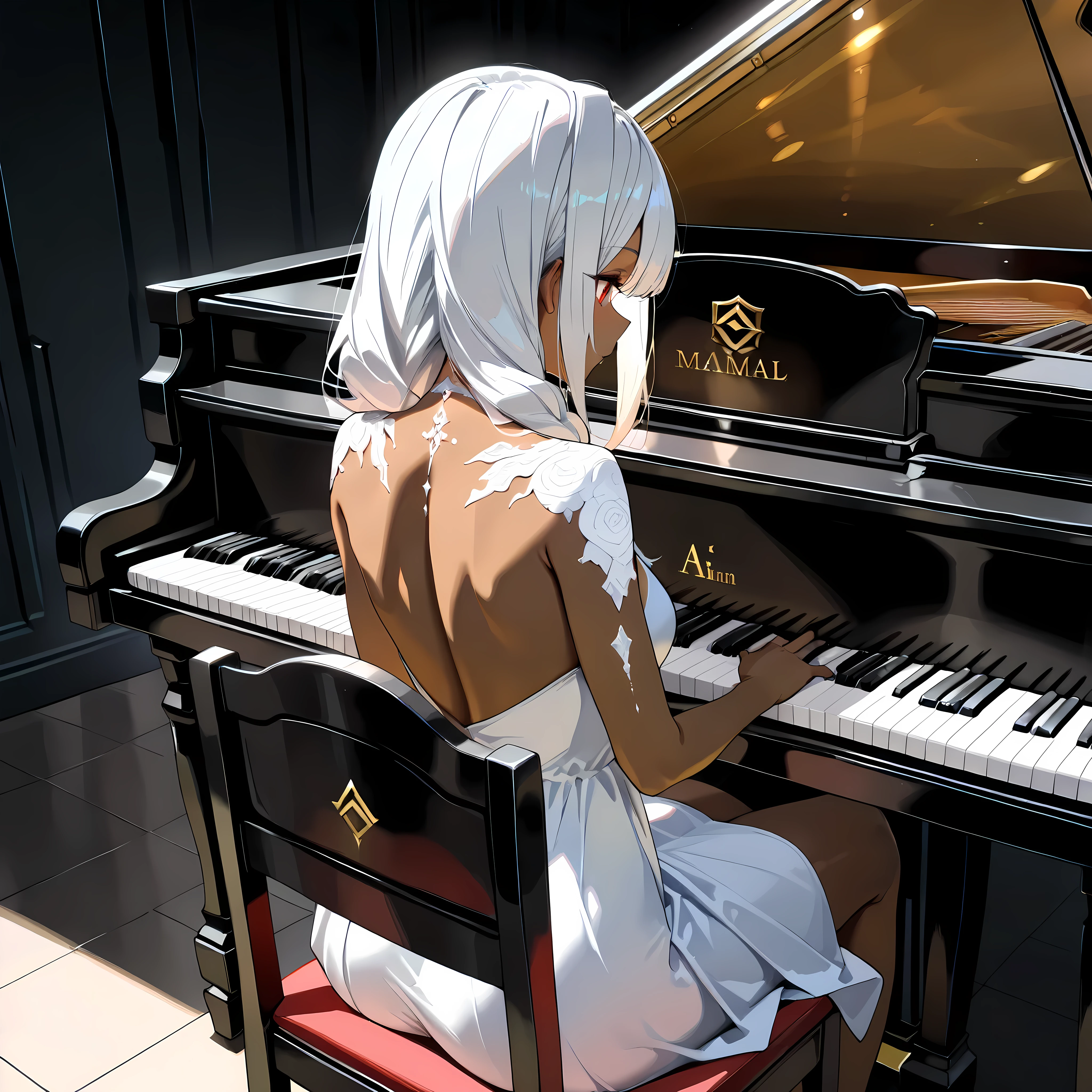 (UHD, masterpiece:1.3, anatomically correct, textured skin, super detail, high details, best quality, highres icon, Detailed and precise manual expression:1.3,  Incredibly Absurd )), 1woman\Beautiful white hair\Expressing lustrous hair, beautiful red eyes, Voluptuous body line\Brown skin shining in the light\, A dress with a wide open back\white, back, Playing the piano, Sit on a chair:1.3