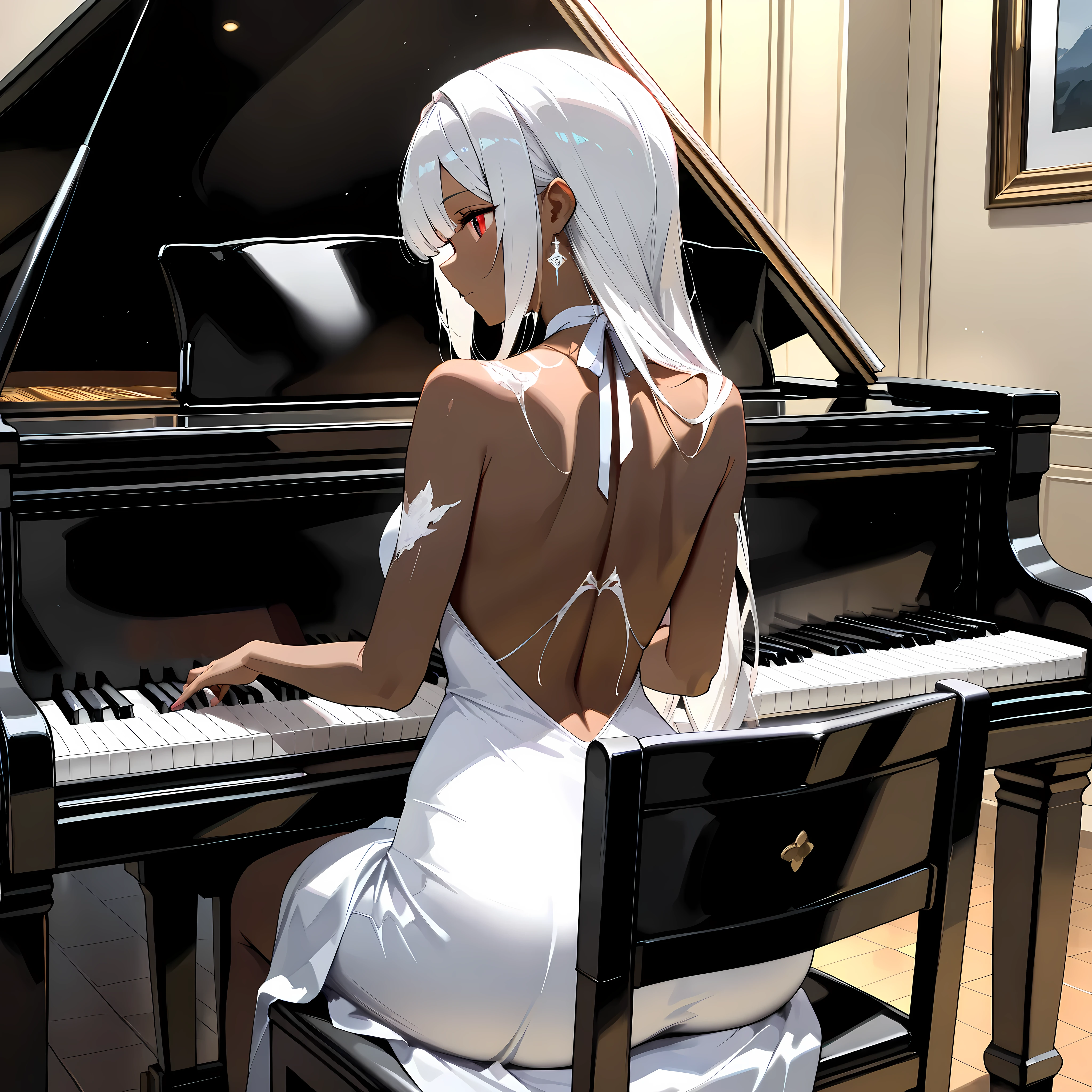 (UHD, masterpiece:1.3, anatomically correct, textured skin, super detail, high details, best quality, highres icon, Detailed and precise manual expression:1.3,  Incredibly Absurd )), 1woman\Beautiful white hair\Expressing lustrous hair, beautiful red eyes, Voluptuous body line\Brown skin shining in the light\, A dress with a wide open back\white, back, Playing the piano, Sit on a chair:1.3