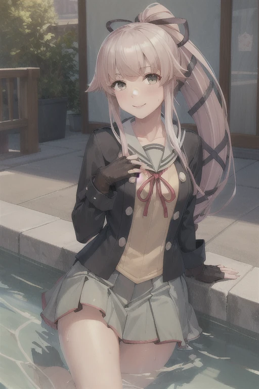 (masterpiece,  top quality :1.2), Alone,  1 girl, , smile,  viewers sweat a lot,  playing in the water,  ponytail,  hair bow,  school uniform,  jacket, Sera Clothing,   neck ribbon ,  Black Gloves , fingerless glove part , gray skirt 