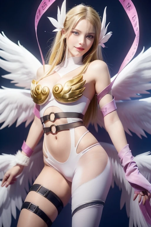 angewomon, ((blonde hair)), long hair, angel wings,blue eyes, (big boob), ((large breasts)), bare shoulders, elbow gloves, feathered wings, gloves, navel, pink ribbon, ribbon, single elbow glove, single glove, thigh strap, wings, sexy, sexy body, laugh,masterpiece, best quality, in detail,cute, (split), whole body, Best image quality、masterpiece、8k、Anime Face、A kind smile、 beautiful body 、Cowboy Shot,sexy、Very detailed、highest quality