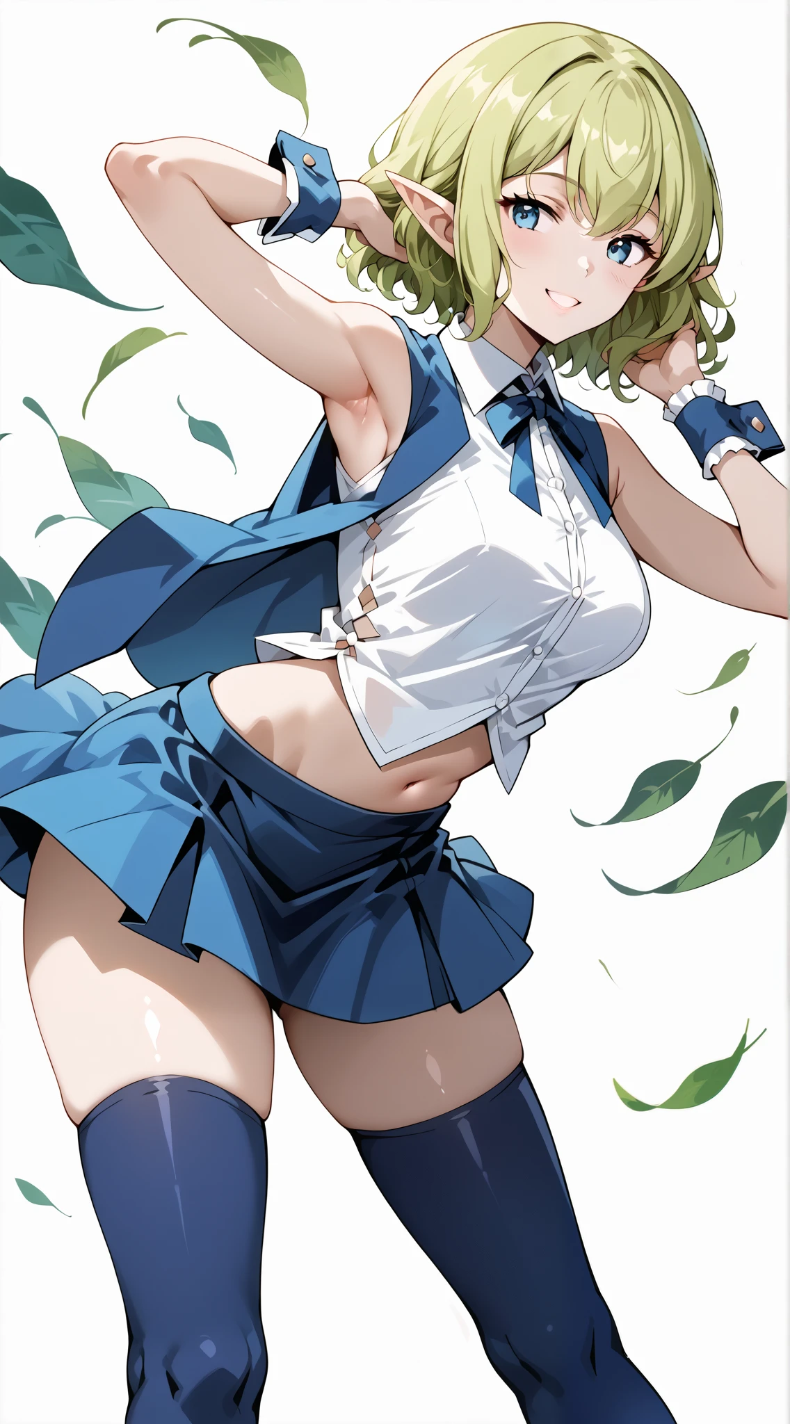 score_9, score_8_up, score_7_up, source_anime, 4K,perfect fingers,(perfect hands, perfect anatomy),prefect lighting, very aesthetic, intricate details,highly detailed background, masterpiece, high quality, best quality,
1girl, ryuu, green hair, Medium Breast,
wearing ((white shirt,blue vest,sleeveless,blue thighhighs,blue skirt,wrist cuffs,neck ribbon,midriff)),,
looking at the spectator, filed, high thigh individual , (large breasts:0.9),Stand up,fullbody,((White plain background:1.5)) ,((seductive smile)),leaning forward:1.3,armpit,arsm up,side view,
