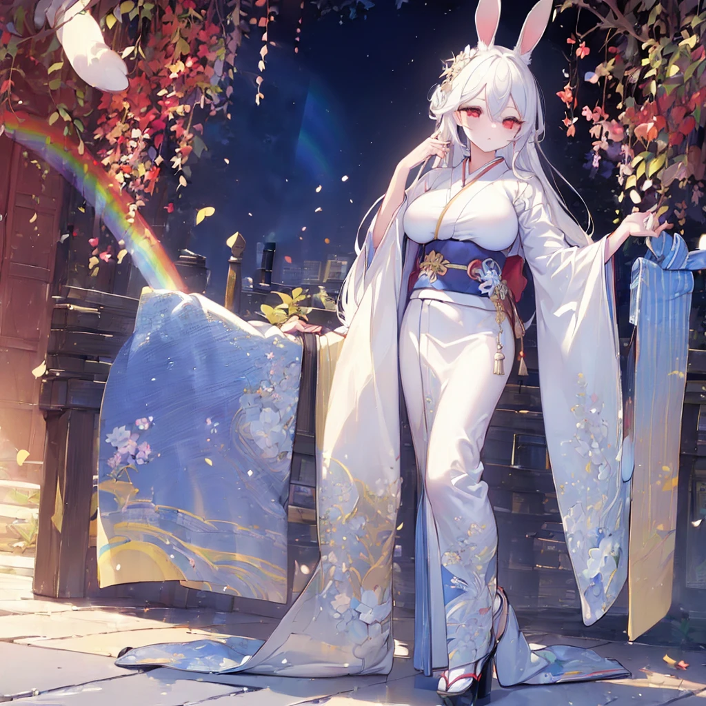 Hand Repair,Foot repair,masterpiece,8k,(((( 1 girl)))), beautiful girl,City Background,((((full body shot,very wide shot,Rabbit Ears,I'm hiding my ears with my hair)))),(((Perfect white hair, long hair))), (((((Highlight Eyes, rainbow heterochromia, Golden Eye Right Eye,Red Eye Left Eye , kimono,she wearing a blue color furisode,Big Breasts))))), facing forward 