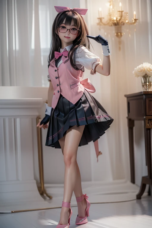 (( top quality )), ((傑 top quality 、masterpiece、High sensitivity、 high res、 detailed depiction 、 delicate face depiction )),Slender woman、Glasses、、ribbon、 pleated skirt、 standing pose、Right hand on waist、The left hand looks 、pink vest 、 high heels by Miguel、 with a smile、