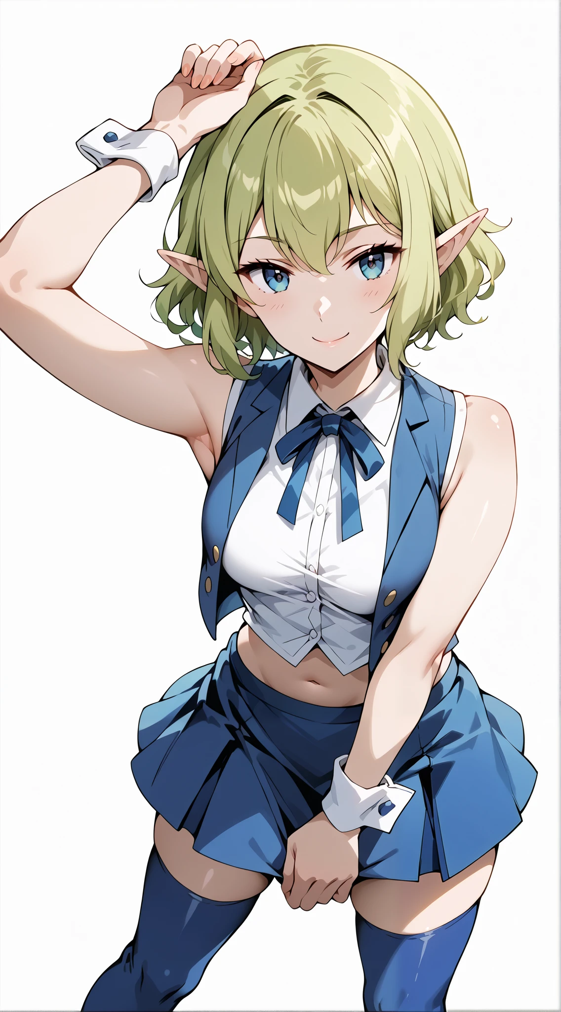 score_9, score_8_up, score_7_up, source_anime, 4K,perfect fingers,(perfect hands, perfect anatomy),prefect lighting, very aesthetic, intricate details,highly detailed background, masterpiece, high quality, best quality,
1girl, ryuu, green hair, Medium Breast,
wearing ((white shirt,blue vest,sleeveless,blue thighhighs,blue skirt,wrist cuffs,neck ribbon,midriff)),,
looking at the spectator, filed, high thigh individual , (large breasts:0.9),Stand up,fullbody,((White plain background:1.5)) ,((seductive smile)),leaning forward:1.3,armpit,arsm up,((top view))