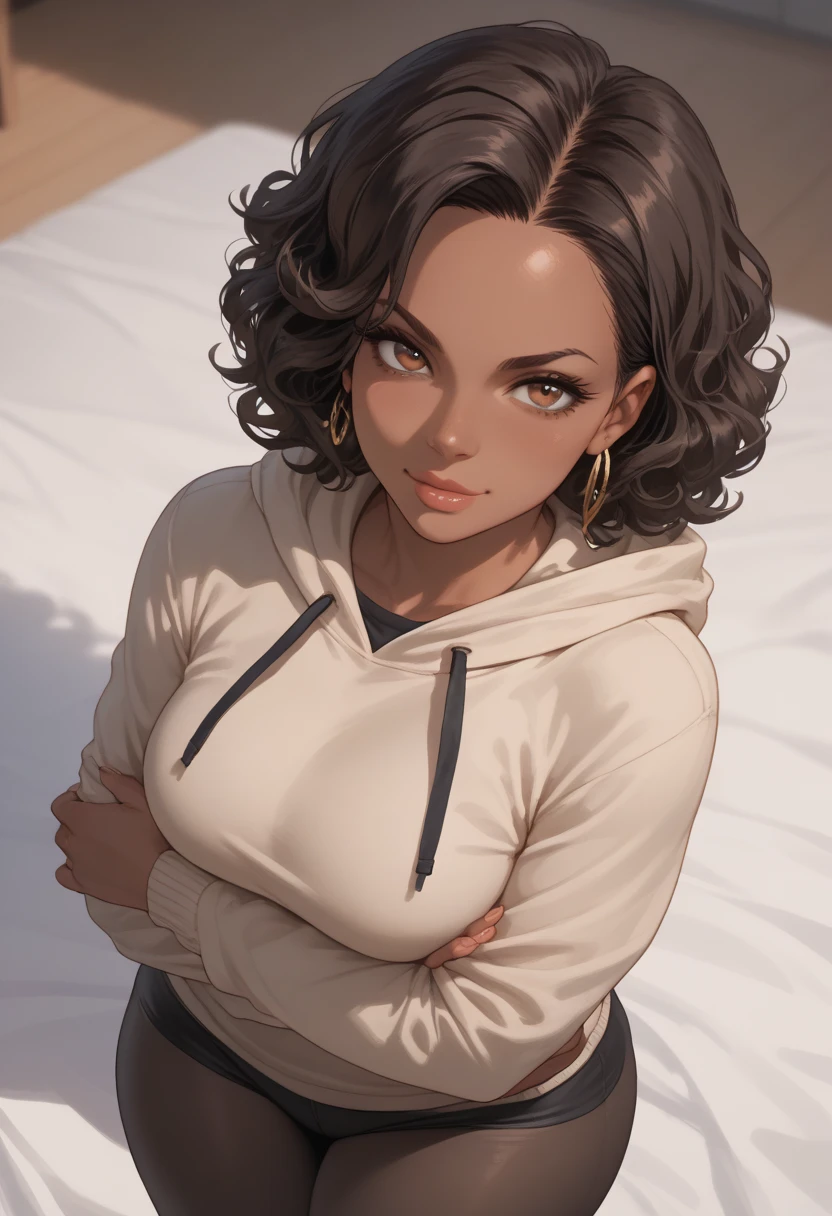 a single person in this image..Almond-eyed Dark Mocha-skin tonned African-American woman with Short dark curly hair, juicy lips, a large chest, thick thighs, Perfect hands, . She is standing Alone with her arms wide open prepared to hug viewer. She is wearing a hoodie with black tights. She has a seductive smirk while looking up at viewer.  Her face is in the foreground.Above view