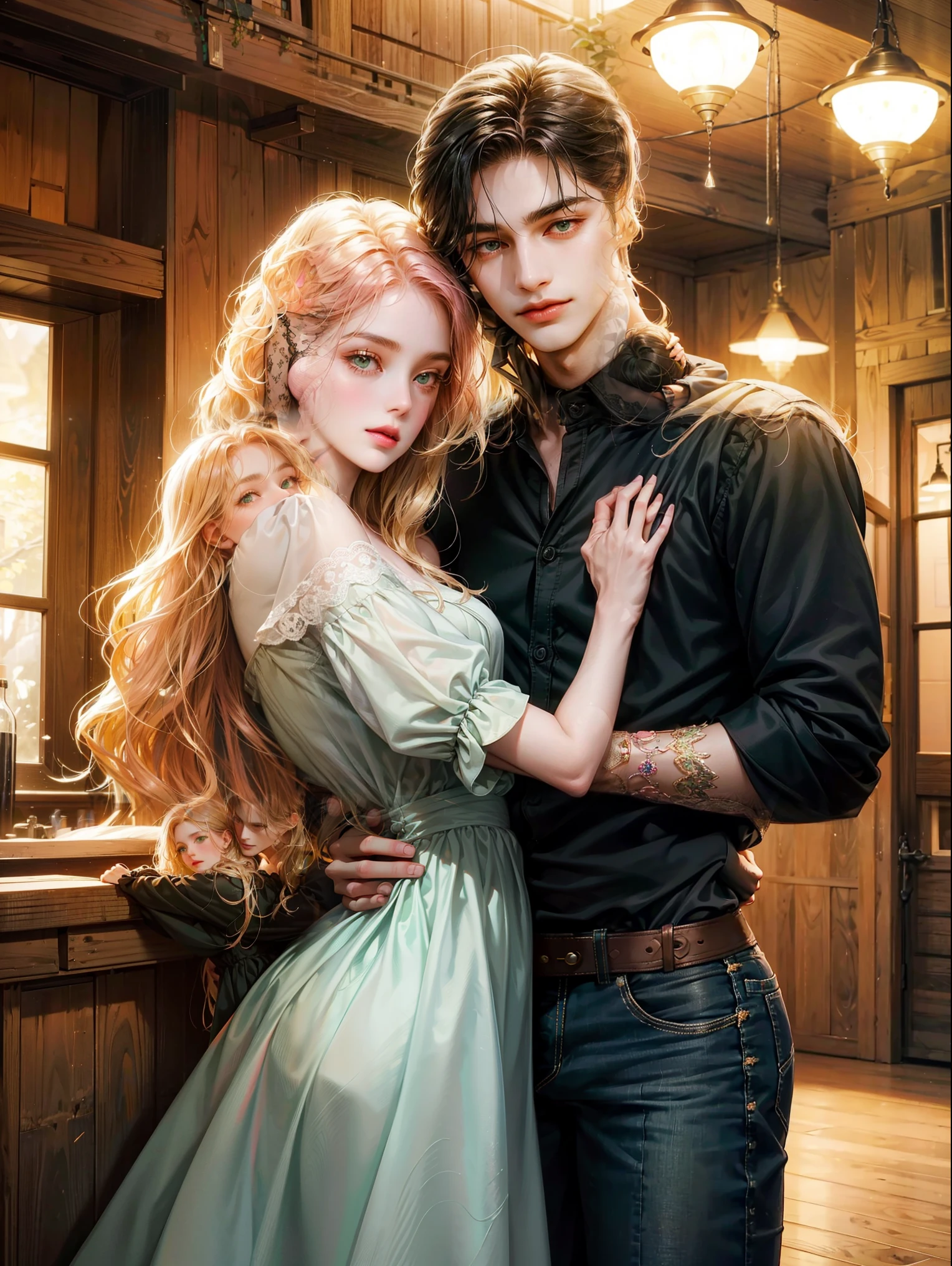Chained golden white haired girl with honey colored eyes in dirty medieval clothes in a cell At his side a man with purple hair.