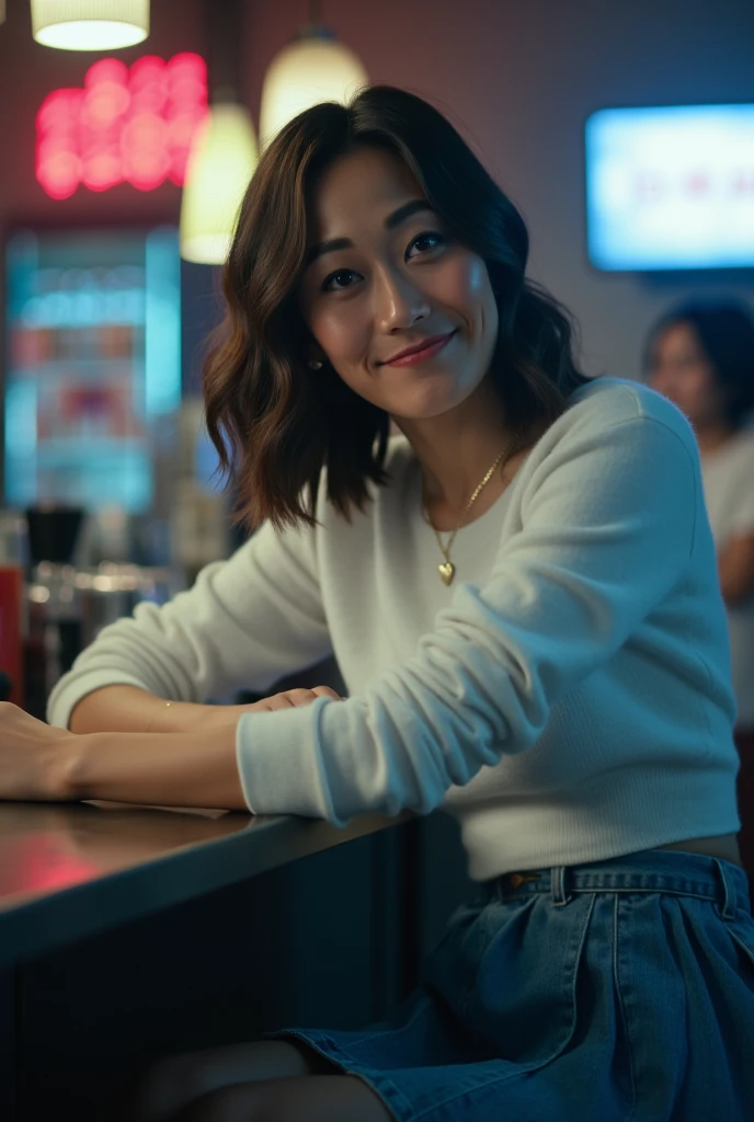 karfuku, siting at the stool of a cold dimly lit bar.  She has a , inviting smile, revealing her straight, white teeth with mid, wavy, dark brown hair cascading over her shoulders. She is dressed in a white, tight, sports top, and denim Mid Rise Pleated Skirt. She accessorizes with a gold necklace with a heart pendant. full body, cowboy shot on a Sony Alpha 1 dslr 8k camera. there is a slight bokeh effect and film grain. she is looking at the viewer. Breasts. Pale skin, fat