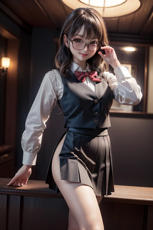 (( top quality )), ((傑 top quality 、masterpiece、High sensitivity、 high res、 detailed depiction 、 delicate face depiction )),Slender woman、Glasses、 pleated skirt、 standing pose、Right hand on waist、The left hand looks 、Ping vest 、 high heels by Miguel、 with a smile、