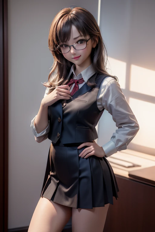 (( top quality )), ((傑 top quality 、masterpiece、High sensitivity、 high res、 detailed depiction 、 delicate face depiction )),Slender woman、Glasses、 pleated skirt、 standing pose、Right hand on waist、The left hand looks 、Ping vest 、 high heels by Miguel、 with a smile、