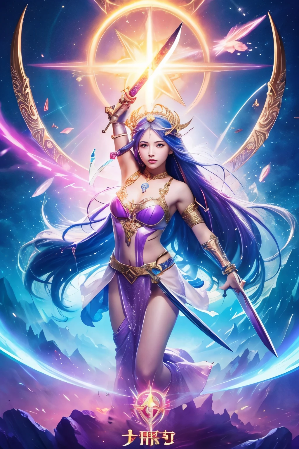 Anthropomorphic anime art style, a beautiful warrior goddess, spellcaster, curvaceous figure, long flowing hair, her armor adorned with intricate otherworldly patterns glows with a mystical allure, a captivating ethereal aura emanates from her, evoking a sense of wonder and magic in the realm of fantasy. joyful expression, highly detailed, 8k, masterpiece, digital art, dramatic lighting, ethereal, otherworldly, fantastical