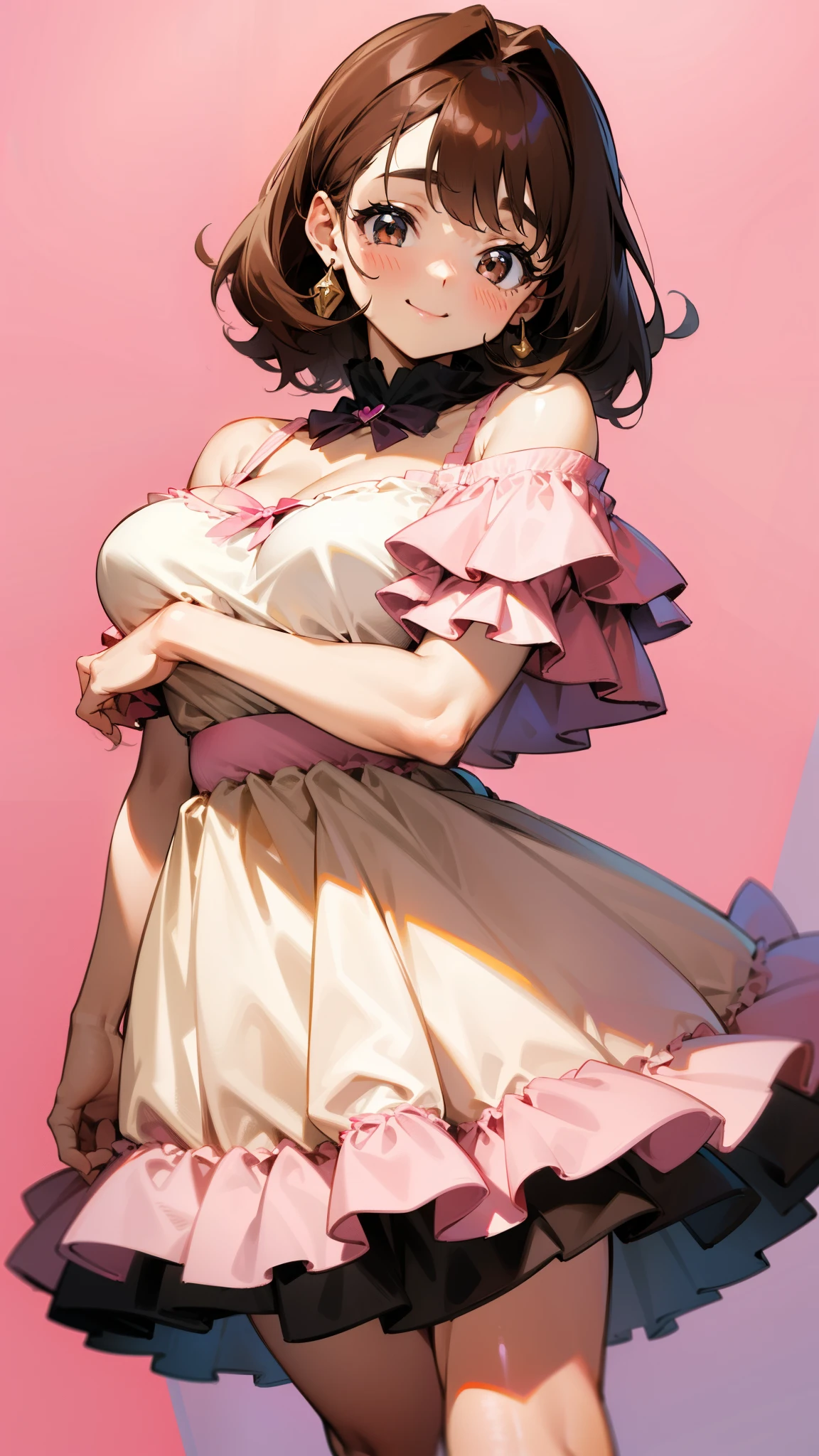 pink underwear、huge breasts、long sleeve clotheaid clothes、blush、smile