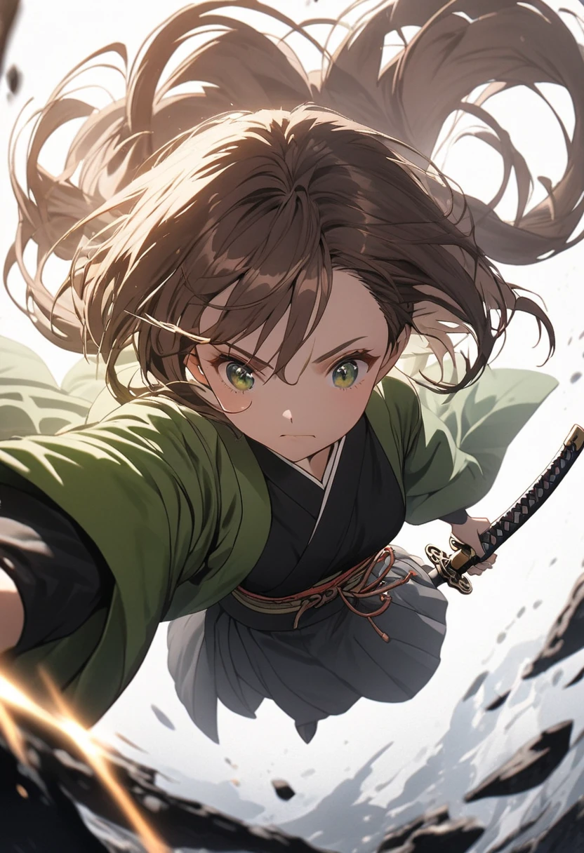 full body, 1girl, solo, white background, short hair, bangs, hair locks, green eyes, black kimono, green haori, perfect chin, strands of hair, eyes visible through hair, holding weapon, holding katana, cinematic lighting, dynamic shading, perspective from below, looking down, brown colored hair