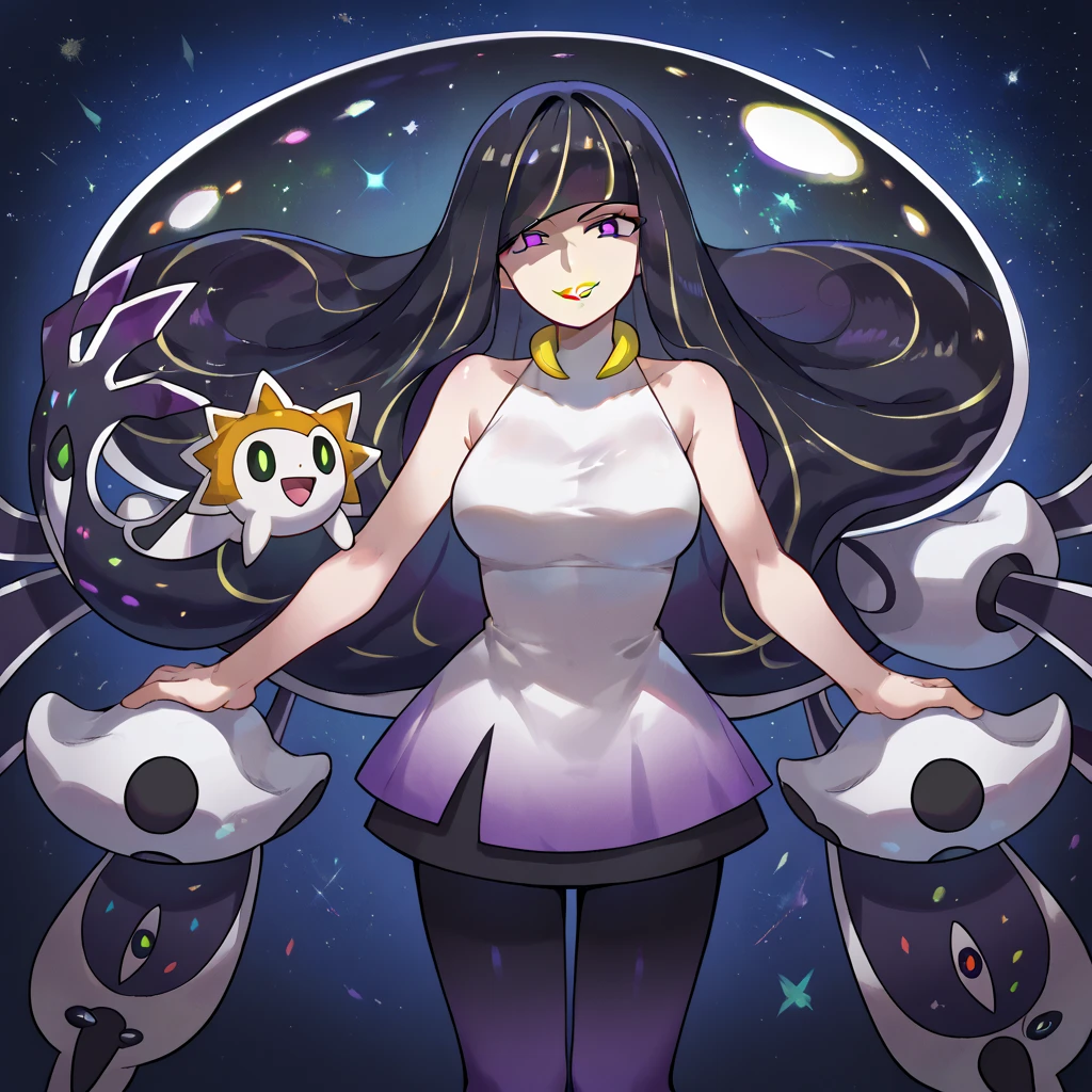 woman, long hair, black hair, purple eyes, sleeveless dress, medusa, highres, Nihilamine, Agglomeration_fused (pokemon), Agglomeration (pokemon), pokemon (creature), short bangs, looking at viewer, short dress, evil smile, bare shoulders, leggings, glowing, large breasts, yellow lipstick, anime style, cosmic, Lusamine