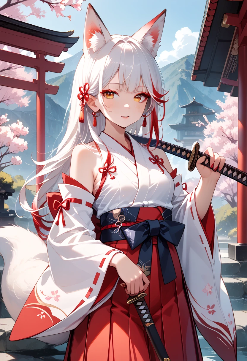 ((masterpiece, best quality, ultra detailed, high resolution, detailed facial description)), (solo, 1 noble woman:1.3), (miko, hakama skirt, detached sleeves), (fox ears, fox, tail), (long white hair, red gradation color hair:1.3), (tsurime:1.3, fox eyes), (red eyeliner), ((holding katana, Remove the katana from the sheath:1.3, slashing:1.5), looking at viewer, (Japanese traditional shrine)