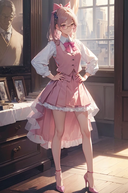 (( top quality )), ((傑 top quality 、masterpiece、High sensitivity、 high res、 detailed depiction 、 delicate face depiction )),Slender woman、Glasses、ribbon、 pleated skirt、 standing pose、Right hand on waist、The left hand looks 、pink vest 、 high heels by Miguel、 with a smile、