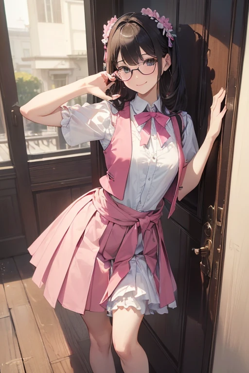 (( top quality )), ((傑 top quality 、masterpiece、High sensitivity、 high res、 detailed depiction 、 delicate face depiction )),Slender woman、Glasses、ribbon、 pleated skirt、 standing pose、Right hand on waist、The left hand looks 、pink vest 、 high heels by Miguel、 with a smile、