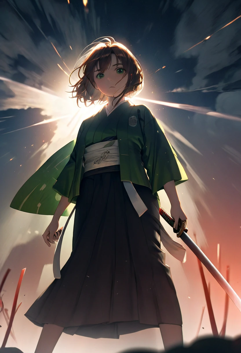 full body, 1girl, solo, white background, short hair, bangs, hair locks, green eyes, black kimono, green haori, perfect chin, strands of hair, eyes visible through hair, holding weapon, holding katana, cinematic lighting, dynamic shading, perspective from below, looking down, brown colored hair