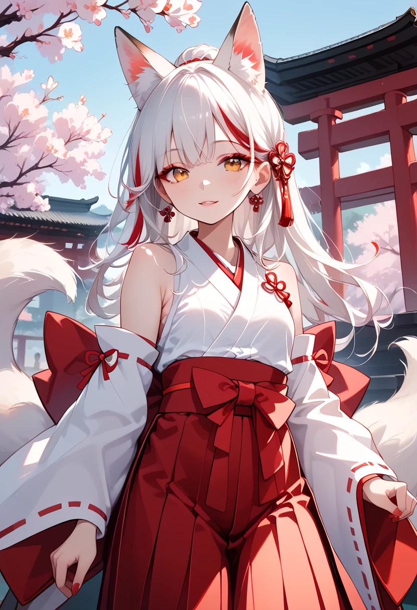 ((masterpiece, best quality, ultra detailed, high resolution, detailed facial description)), (solo, 1 noble woman:1.3), (miko, hakama skirt, detached sleeves), (fox ears, fox, tail), (long white hair, red gradation color hair:1.3), (tsurime:1.3, fox eyes), (red eyeliner), looking at viewer, (Japanese traditional shrine)