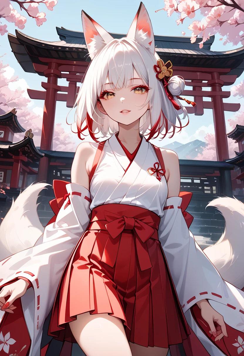 ((masterpiece, best quality, ultra detailed, high resolution, detailed facial description)), (solo, 1 noble woman:1.3), (miko, hakama skirt, detached sleeves), (fox ears, fox, tail), (long white hair, red gradation color hair:1.3), (tsurime:1.3, fox eyes), (red eyeliner), looking at viewer, (Japanese traditional shrine)