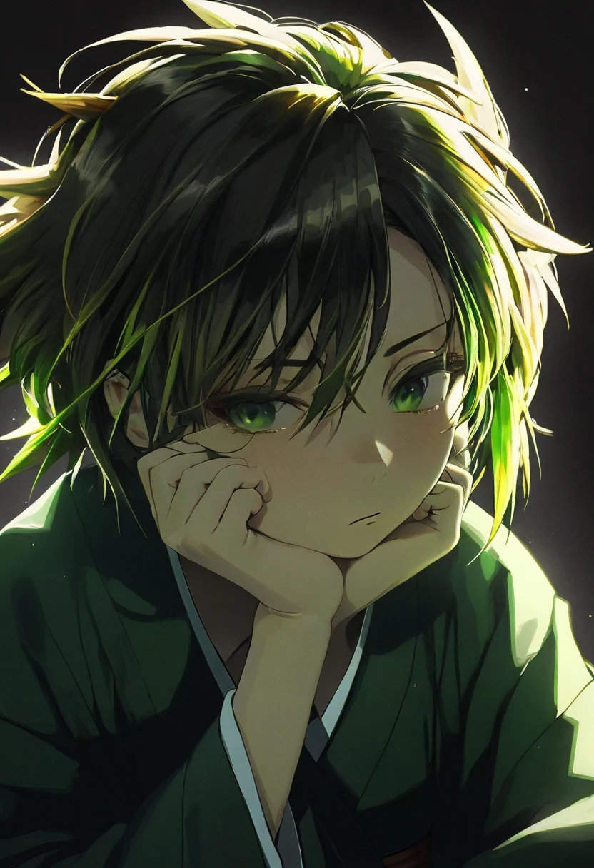 portrait, 1girl, solo, white background, short hair, bangs, spiky hair, hair locks, green eyes, black kimono, green haori, perfect chin, strands of hair, eyes visible through hair, hand resting on face, bored expression, cinematic lighting, dynamic shading