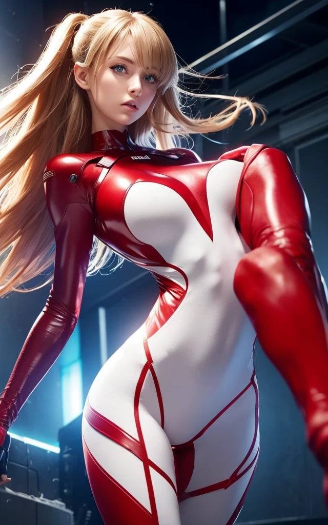 girl, 20s, red_bodysuit, mecha, blonde, blue eyes, smooth bodysuit, large breasts, stunning proportions, highleg design, muscular body covered by technological clothing, Anisotropy Filtering, depth of fields, Maximum clarity and sharpness, Multilayer textures, Surface Shading, accurate simulation of light and material interactions, Perfect proportions, white_bodysuit