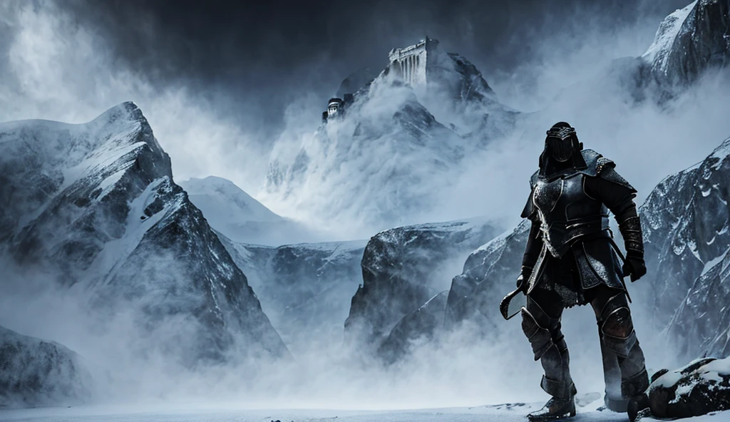 A dwarf with an axe in leather armor. It is located high in the mountains against the backdrop of a fortress. snowstorm. Dark fantasy. the atmosphere is gloomy.