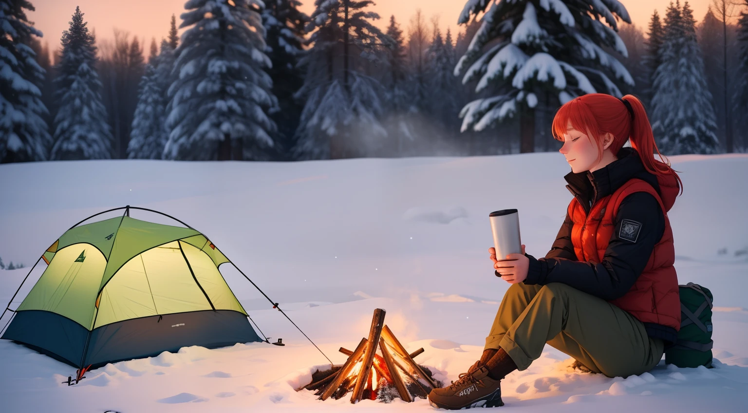 "A tranquil winter camping scene atop a snowy mountain, evoking a serene and adventurous mood. A young woman with blonde-red hair tied in a sleek ponytail is sitting near a modern campfire with a warm, flickering glow, surrounded by advanced yet nature-inspired camping gear. She wears a long brown tank top layered with a cozy winter jacket and rugged cargo pants, suitable for the snowy conditions. The tent, designed with contemporary technology, is partially open, revealing a snug interior with minimalistic yet stylish winter camping essentials. Snowflakes gently fall, blanketing the surrounding evergreen trees and creating a glistening, frosty landscape under the soft twilight sky. The atmosphere is both peaceful and magical, highlighting her connection with nature in the heart of winter."