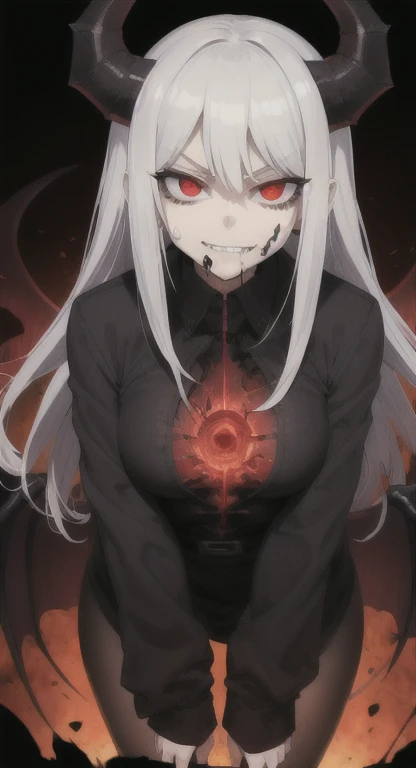 (Masterpiece, Best Quality), A colleague was brainwashed by the dark energy and became a demon, Dark energy, evil eyes, evil smile, dark girl, corruption girl, dark woman, evil energy, villain, villainess, full_body, whole body,