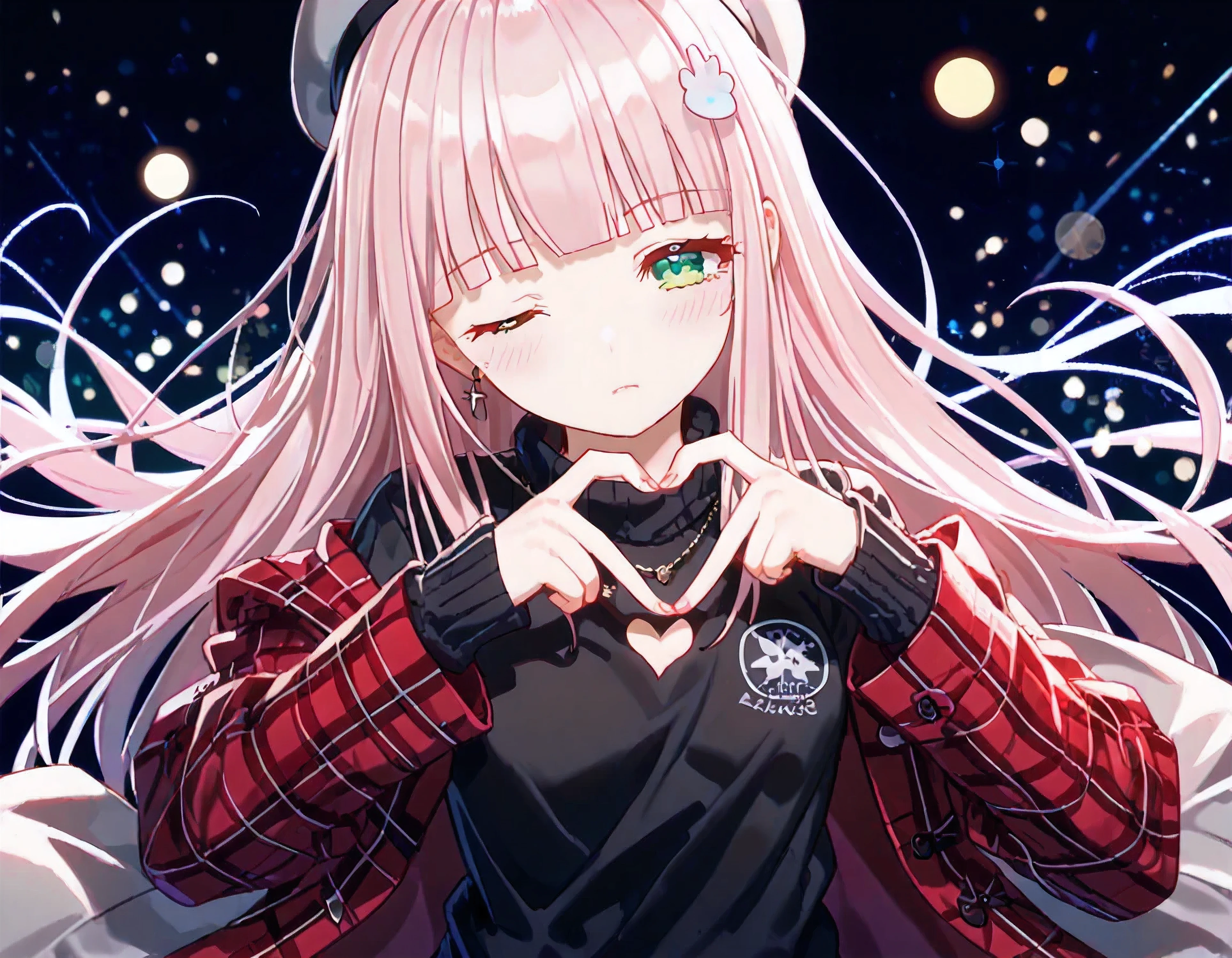 luzao\(EOE\),one girl,solo,best quality, masterpiece, ,,break,1girl,(front bokeh,upper body shot,blur background),,break, super detailed skin,very high resolution, very aesthetic, by famous artist, 8k, 16k,,beauty illustration,photoshop_(large),,(night,weak Lighting),best wallpaper,(green eyes,half-closed eyes,one eye closed,),(light_pink hair|Detailed hair|blunt bangs|shiny hair|sidelocks|slut strands),(off shoulder,gray large coat,long sleeves,black sweater,red flannel scarf),(emotionless,blush,),black beret,from above,(
4-finger heart hands, heart hands on right breast,on chest),