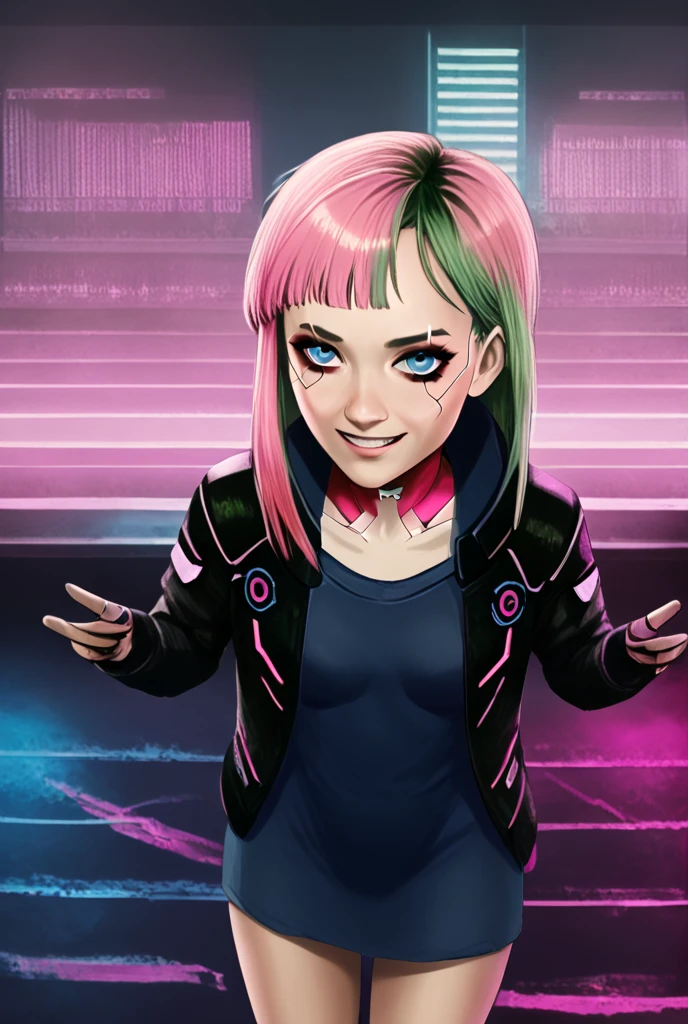 woman, Realistic character, Green Hair with Pink Highlights,  Blue Eyes, anime, Alone,  modern view , cyberpunk