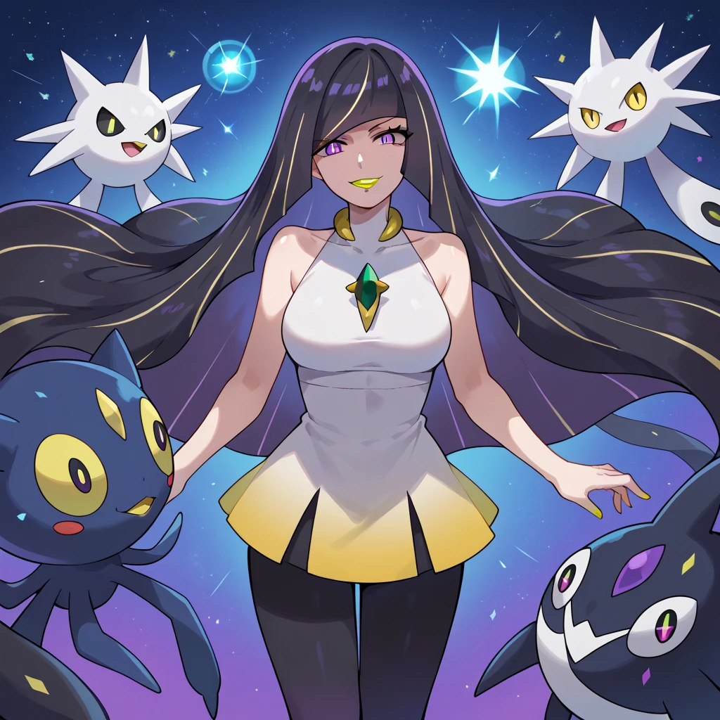 woman, long hair, black hair, purple eyes, sleeveless dress, medusa, highres, Nihilamine, Agglomeration_fused (pokemon), Agglomeration (pokemon), pokemon (creature), short bangs, looking at viewer, short dress, evil smile, bare shoulders, leggings, glowing, large breasts, yellow lipstick, anime style, cosmic, Lusamine