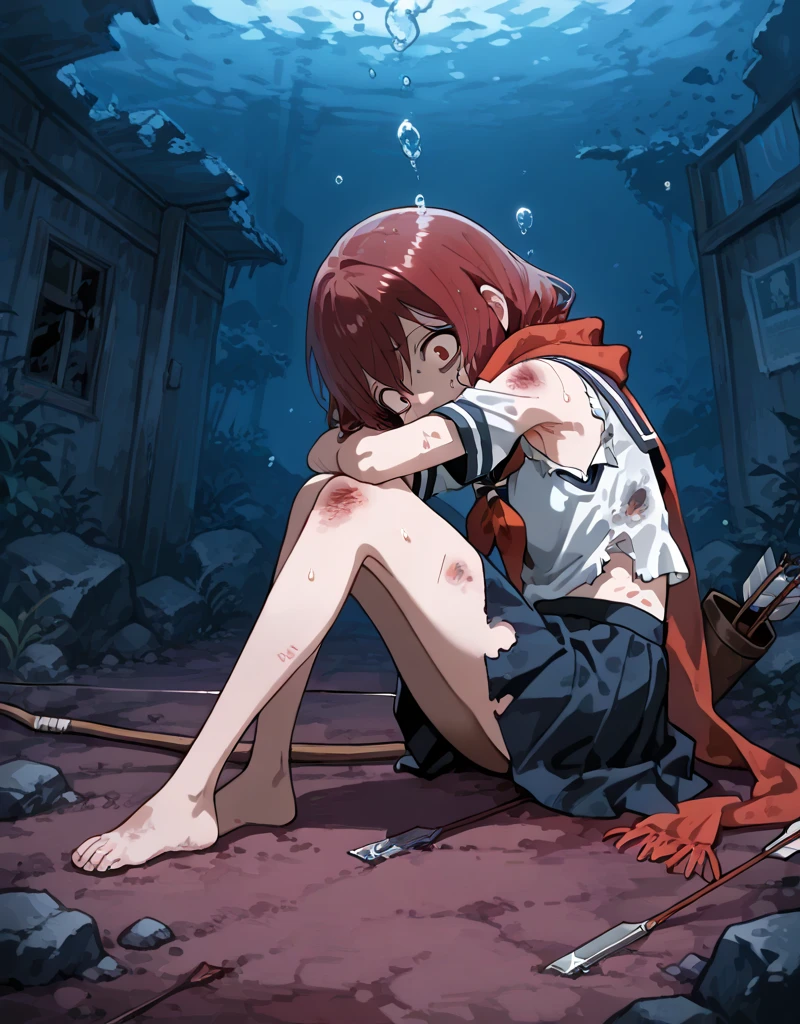 (  masterpiece) ,  best quality, amazing quality ,  very aesthetic ,absurdres,new ,   dentro de un estómago,    inside the stomach   ,   fetal position  , Bubbles, Dark red acids  , wet, submerged,  horrified expression, Kicking, ChiNishikata, 1girl, Alone, very damaged serafuku ,  damaged short sleeves ,  very damaged red scarf  ,  very damaged sailor's collar, bow (weapon), arrow_(projectile),  quiver , weapon, broken sword, anime coloring, barefoot, bruise, injury, (gravely damaged clothes), teared clothes, abdomen showing, armpits showing.