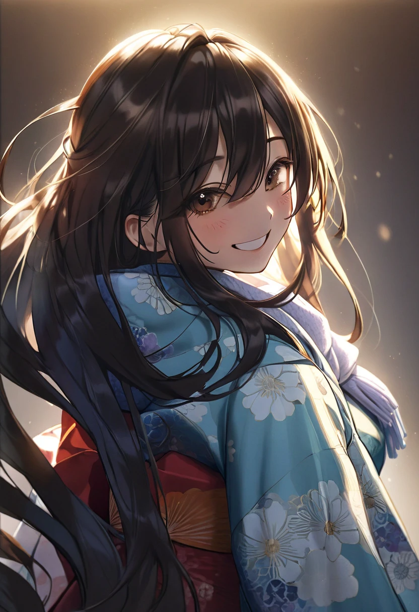 portrait, 1girl, solo, white background, long black hair, long bangs, long locks, dark brown eyes, wearing a blue kimono, wearing a oversized scarf, scarchting back of head, smiling, laughing, strands of hair, eyes visible through hair, cinematic lighting, dynamic shading