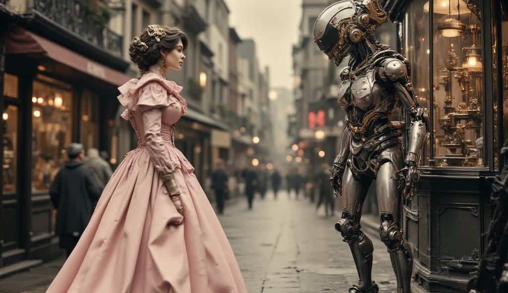 (best quality, 128k,highres,masterpiece:1.2),ultra-detailed,(realistic,photorealistic,photo-realistic:1.37), ((masterpiece)) ((photography)) ((Highest quality)) A Victorian woman in an elaborate pink gown with a large ruffled collar stands on a cobblestone street, gazing curiously at a shiny, humanoid robot with intricate mechanical details and a dome-shaped helmet. The robot, featuring wheels for feet, is positioned near a shop window, creating a striking contrast between the historical fashion of the woman and the futuristic appearance of the robot. The scene is set against the backdrop of an old European street with vintage architecture.