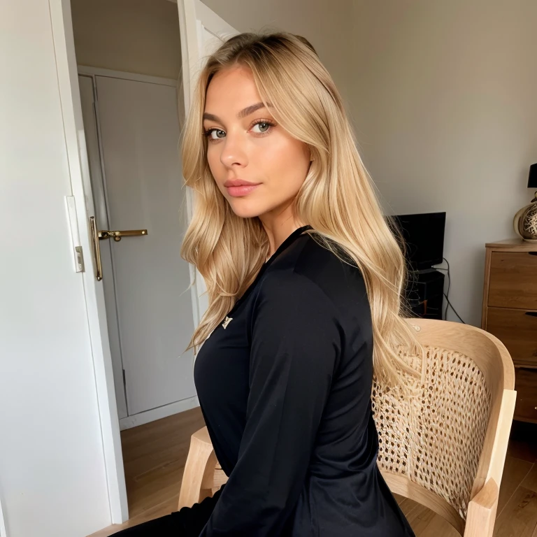 Realistic blond hair beautiful black v-neck shirt sexy women