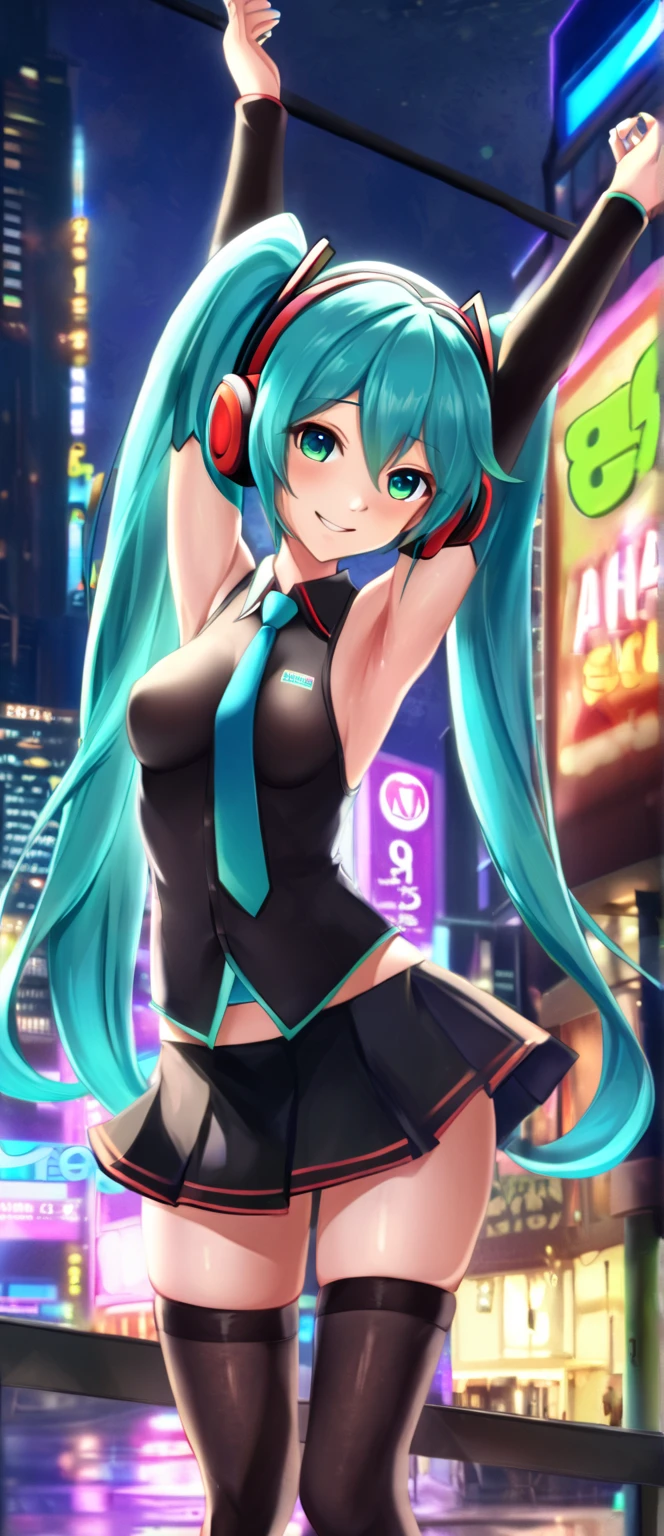 score_9, score_8_up, score_7_up, source_anime, solo, 1girl, hatsune miku, cammystretch, standing, showing armpits and pussy half naked , aqua hair, twintails, headphones, sleeveless shirt, necktie, detached sleeves, black skirt, black thigh highs smiling, looking at viewer, big breast. Half naked. (((night city background)) (((half naked))) (((showing armpits and pussy half naked))) 