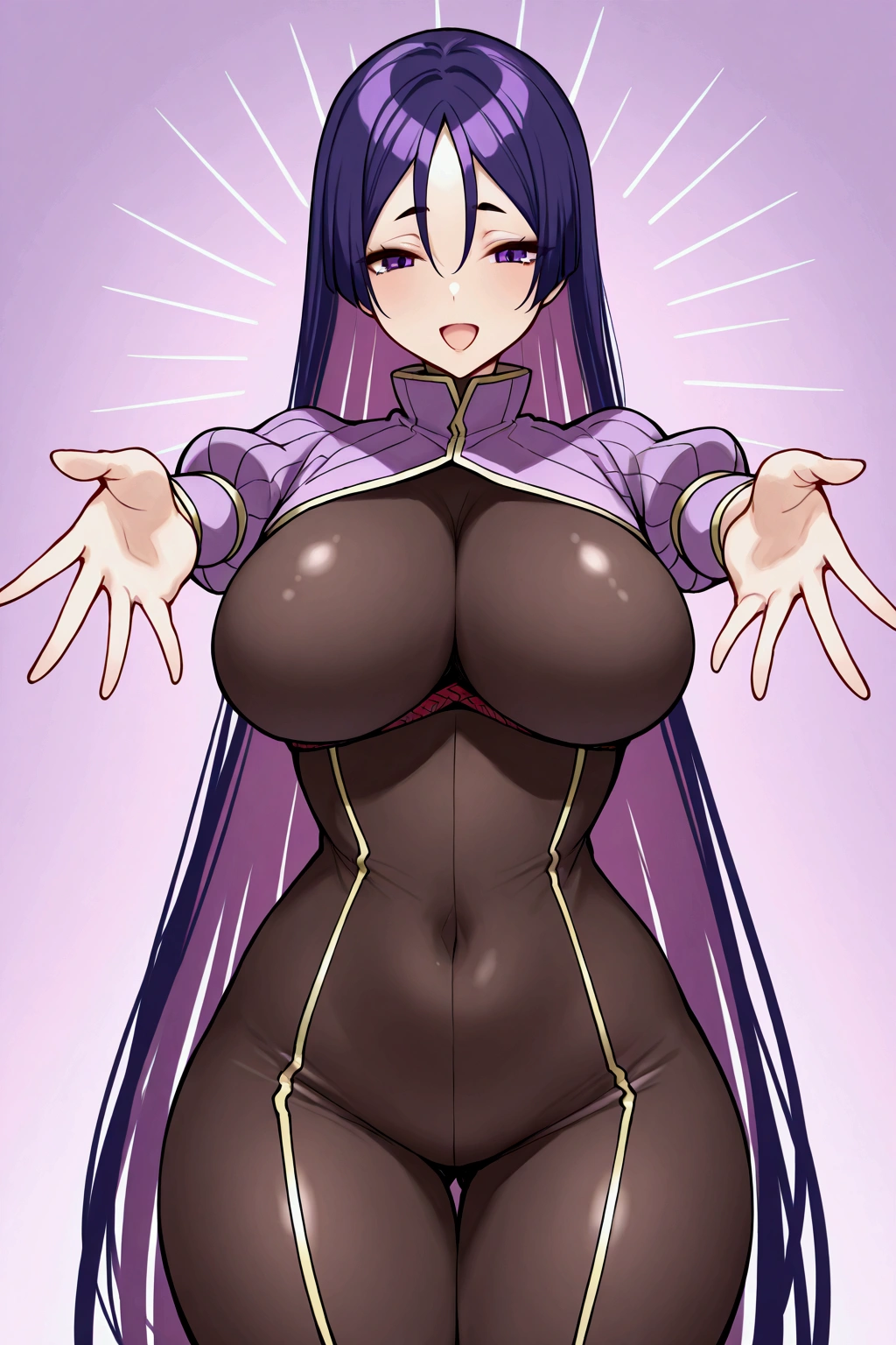 Alone,  girl ,  minamoto no raikou,  Genji Style Outfit ,  long straight hair ,  purple hair,  Big Soft Tight Breasts, Maternal expression ,  thin waist,  perfect hips, Feminine Positions ,  Open Arms ,   Waiting for Hugs , Adorable smile,  purple eyes ,  long straight hair ,  Happy Open Mouth ,  tall ,   The perfect scene , masterpiece,  Score 9 Anime Color ,  American Shots ,  beautiful, composition, Harmony,  High Quality  , beautiful